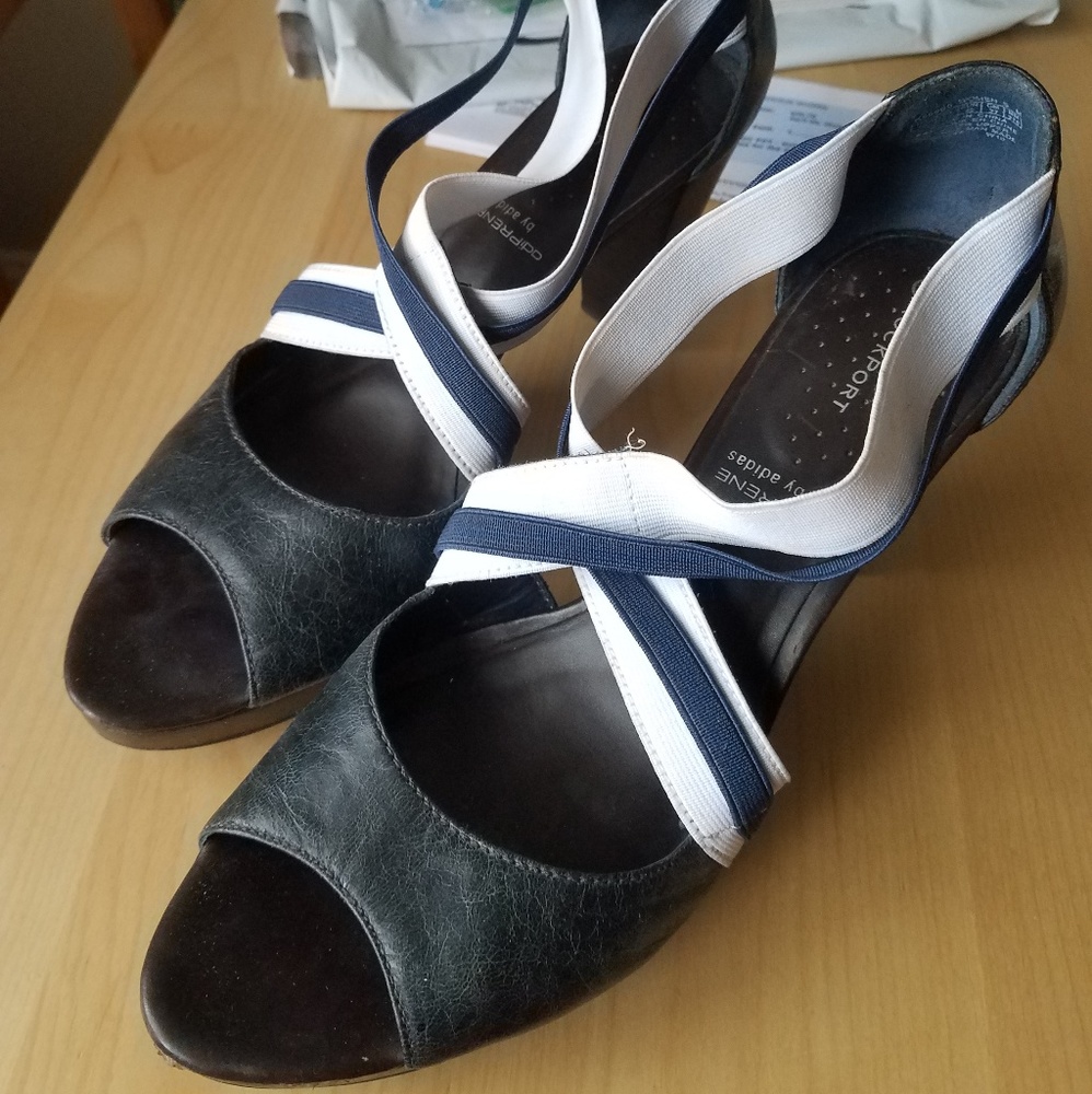 Navy and white peeptoe heels